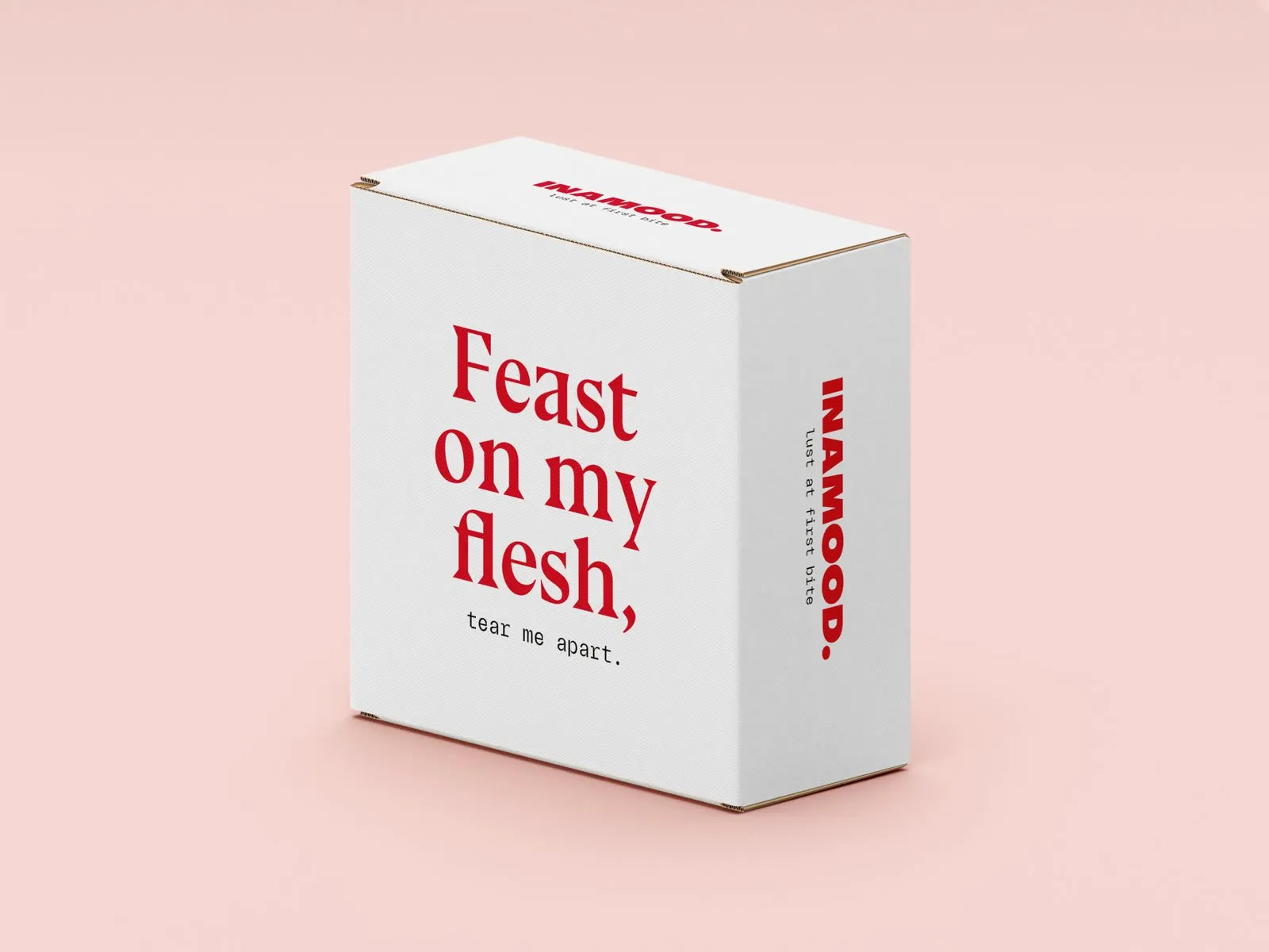 Shipping box printed with 'Feast on my flesh, tear me apart.'