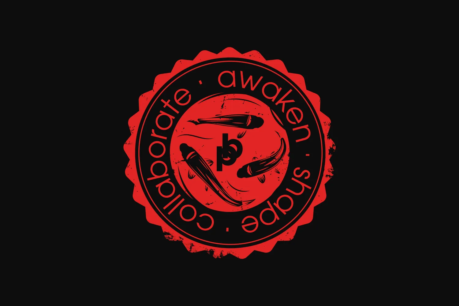 The koi stamp artwork, ringed with the words awaken, shape, collaborate