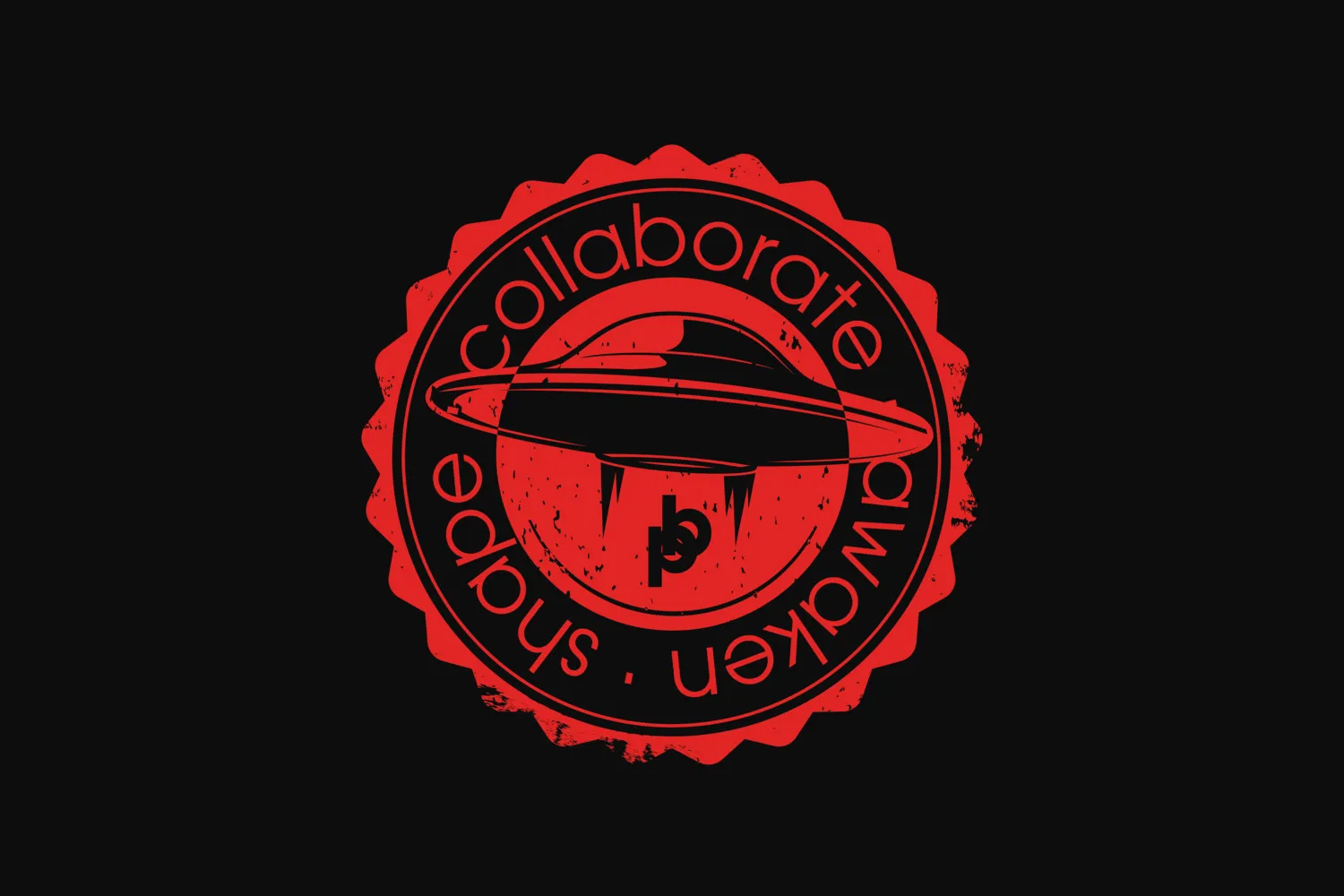 The UFO stamp artwork, ringed with the words awaken, shape, collaborate