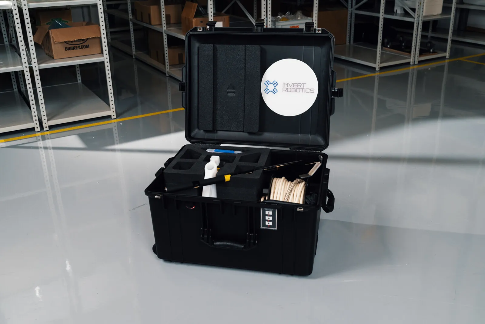 The closed flightcase standing in the warehouse