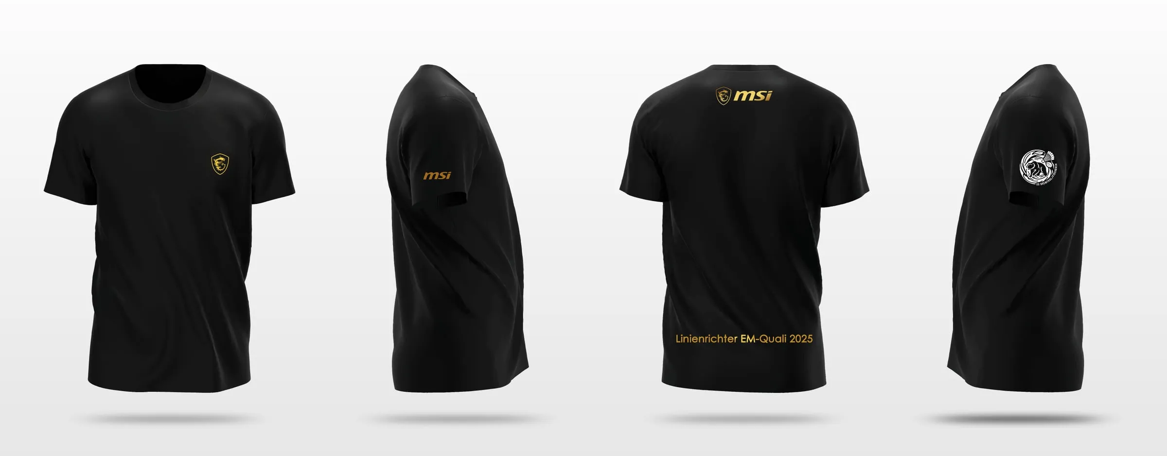 Het zwarte MSI-shirt voor Duitsland van vier kanten: schild op de borst, logo in goud op de rug en de mouw, en de draak op de andere mouw