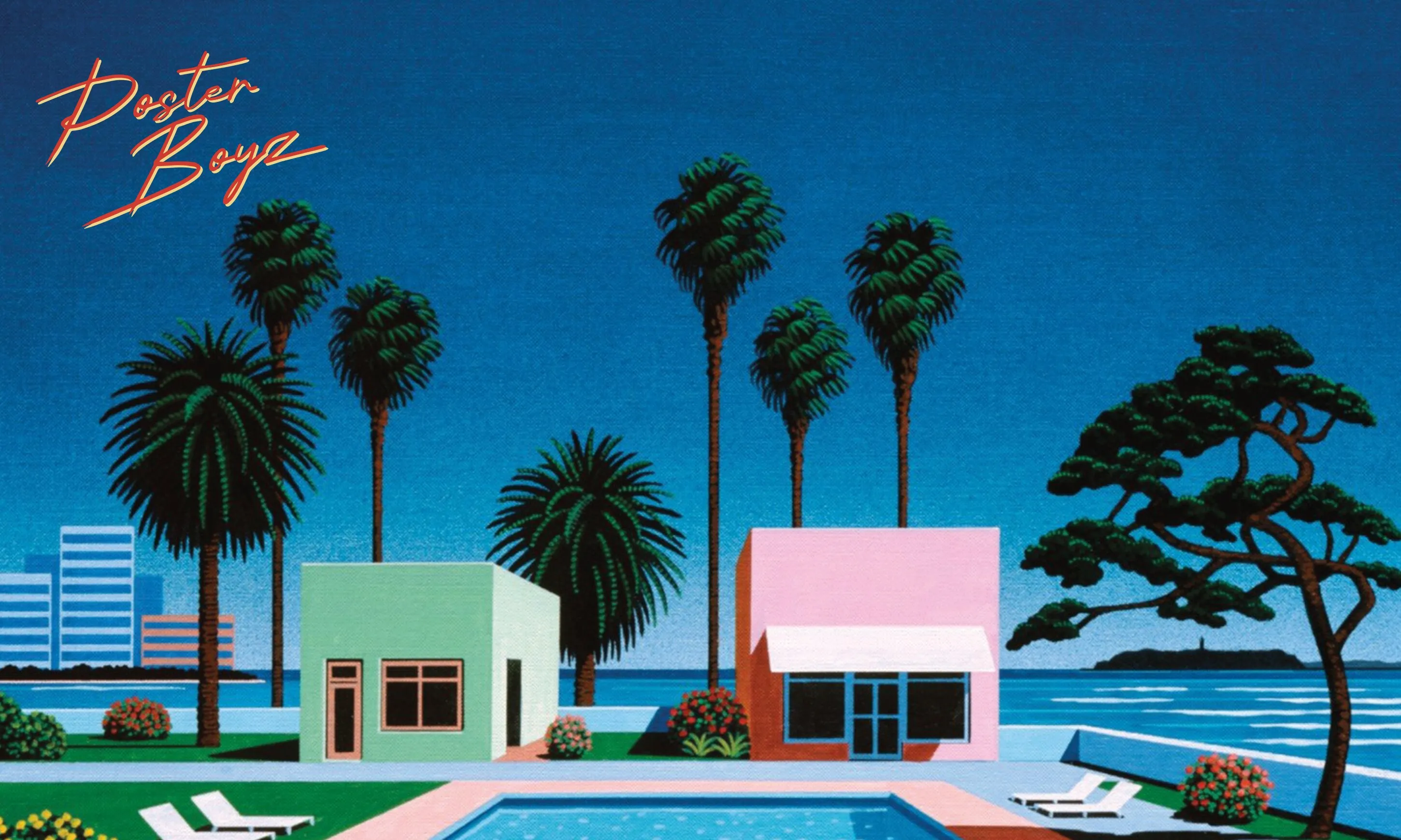 The Posterboyz wordmark over a painted poolside scene: palm trees, a pastel storefront and the sea