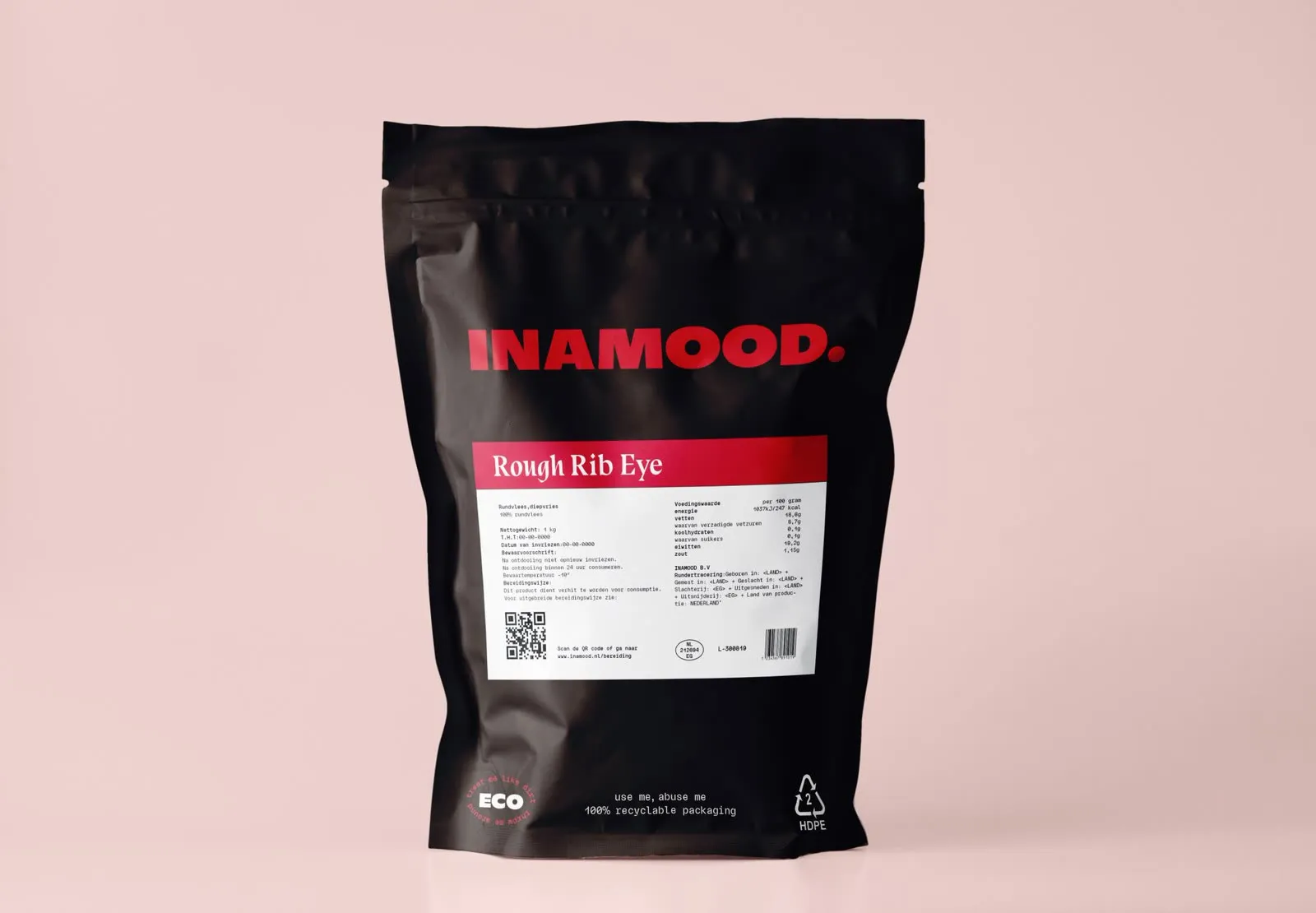 Rough Rib Eye pouch with the full product label and eco mark