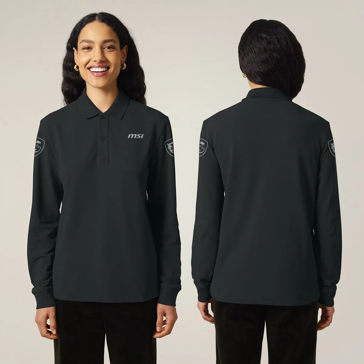 De MSI-polo met lange mouw op een model, voor- en achterkant