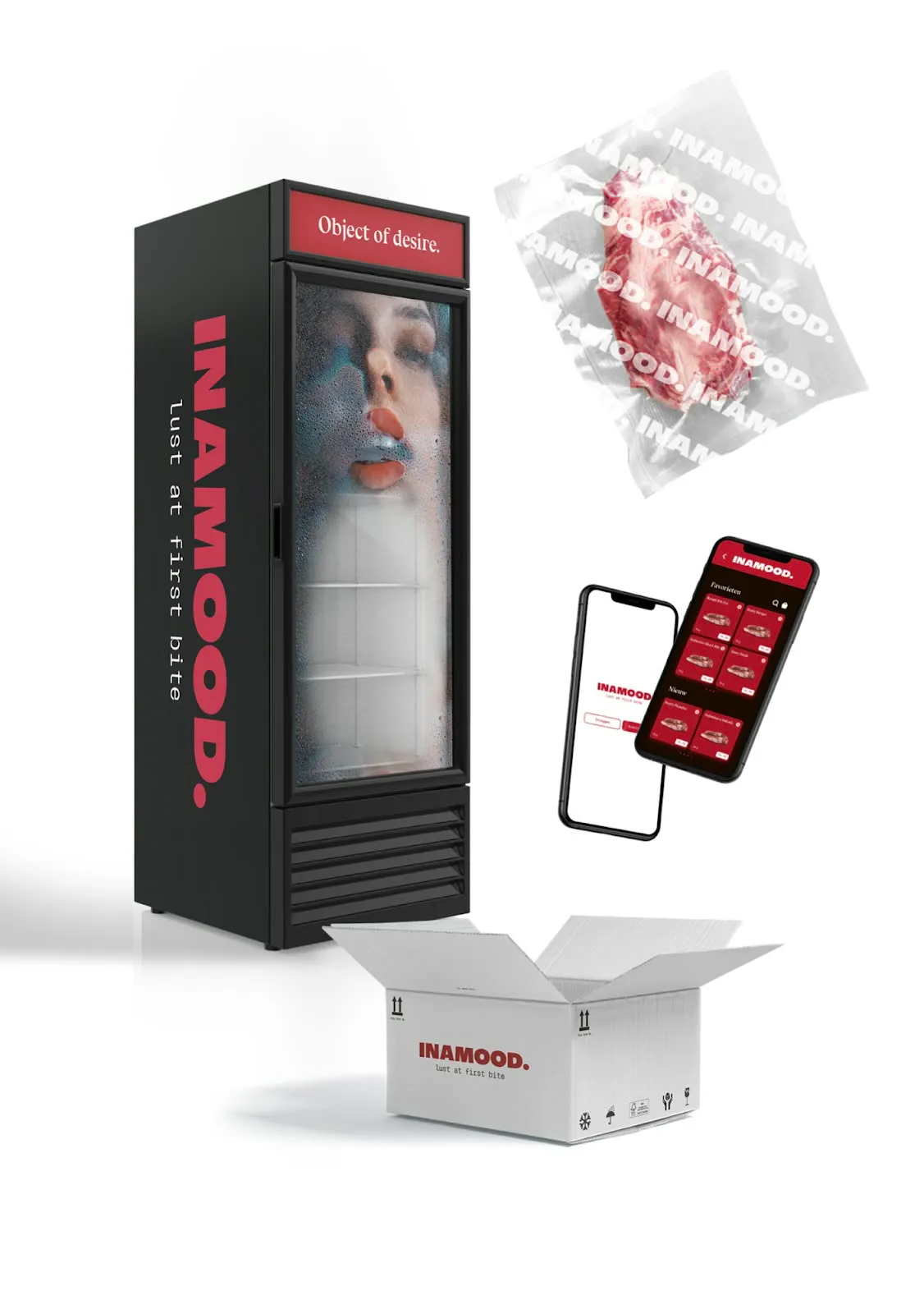 The full system: freezer unit, vacuum pack, app screens and shipping box