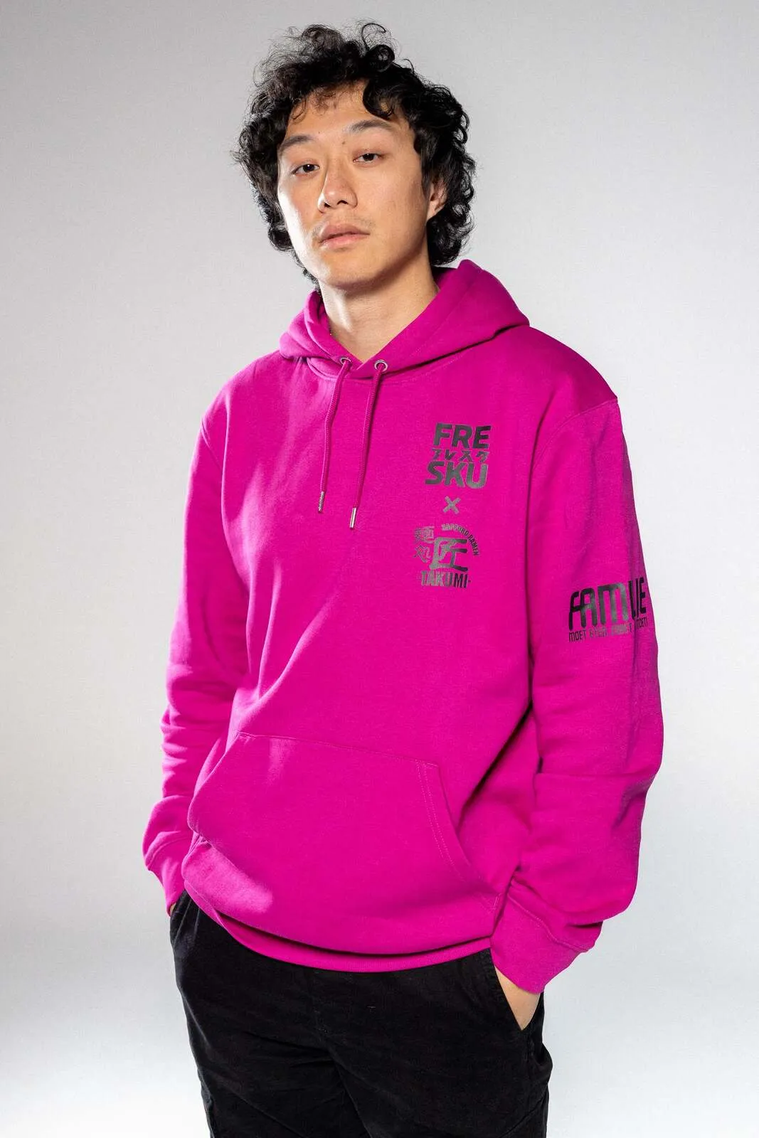 The pink Fresku x Takumi hoodie from the second drop