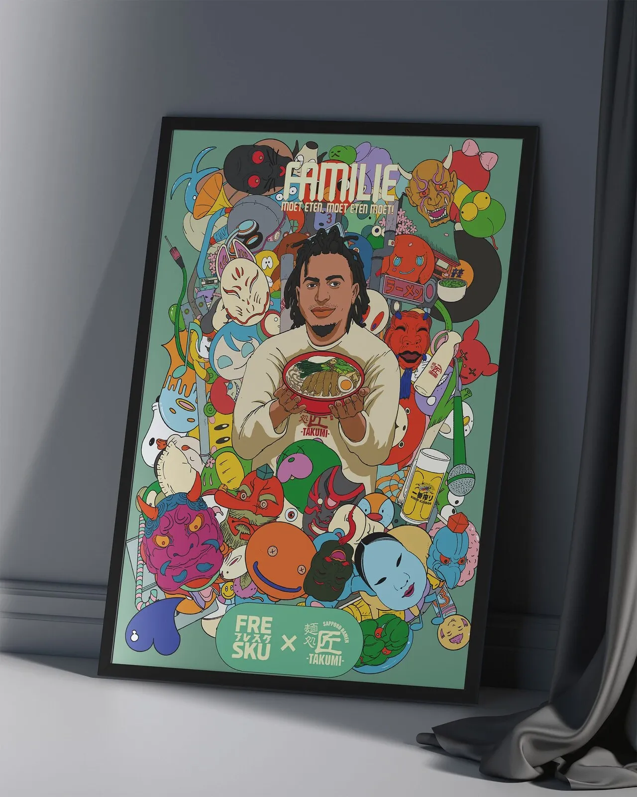 The Familie A1 poster framed, Fresku holding a bowl amid Ogata's cast of characters