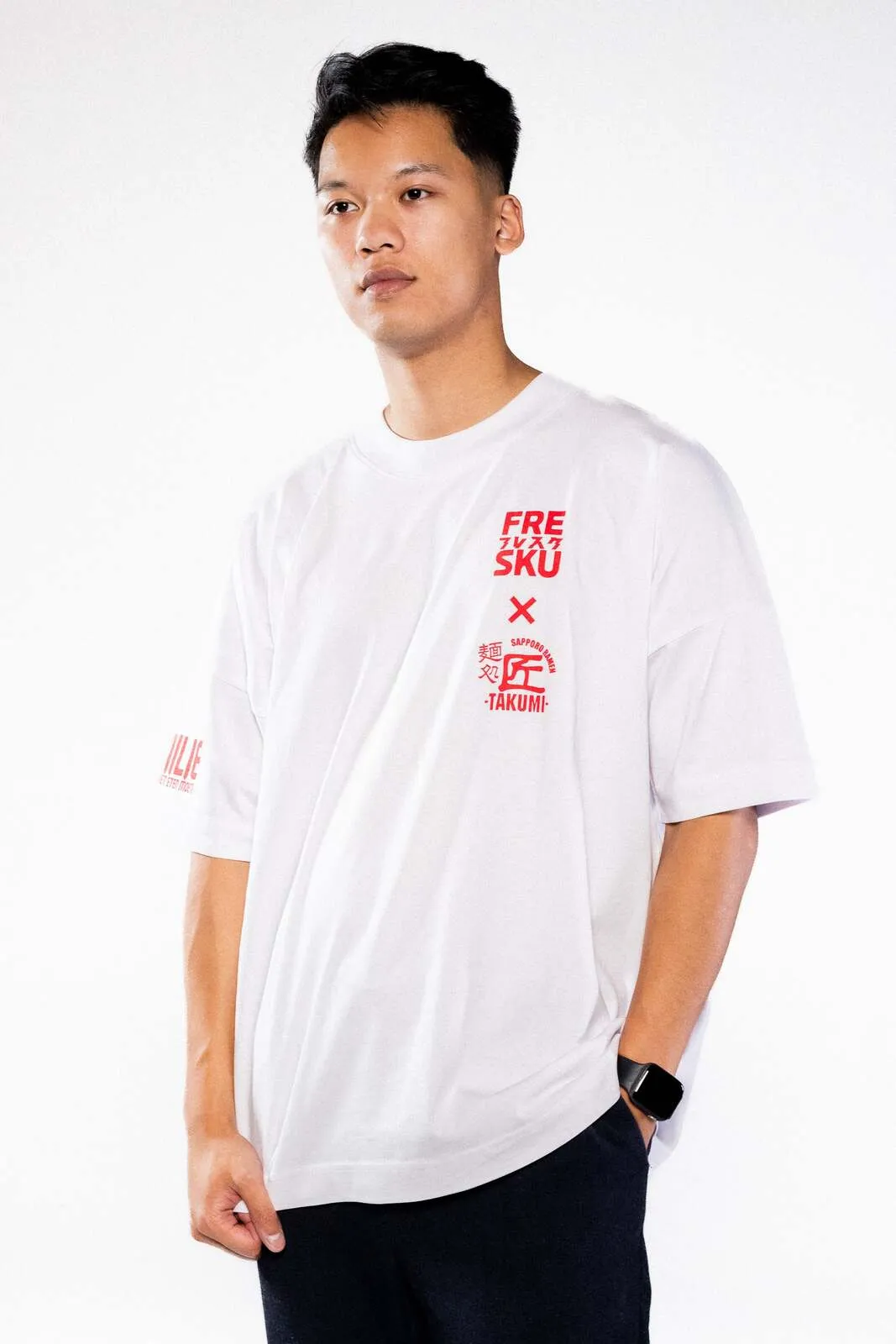 The white Fresku x Takumi t-shirt on organic cotton