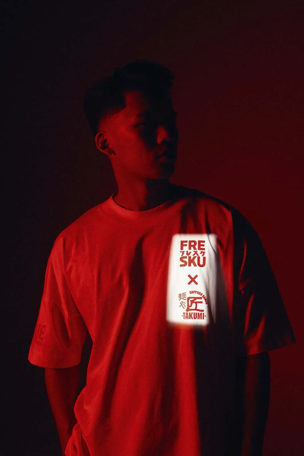 The white Fresku x Takumi t-shirt on organic cotton
