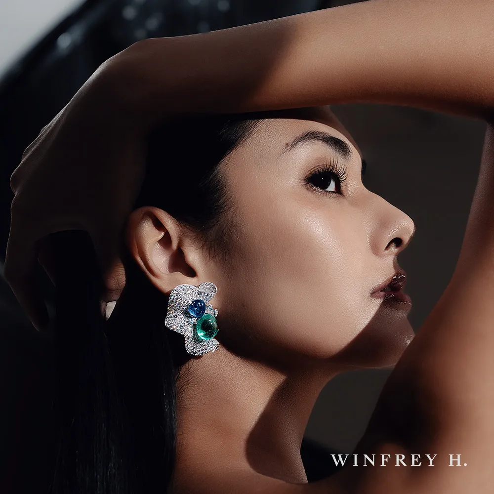 Model wearing Winfrey H. diamond jewelry, campaign photography