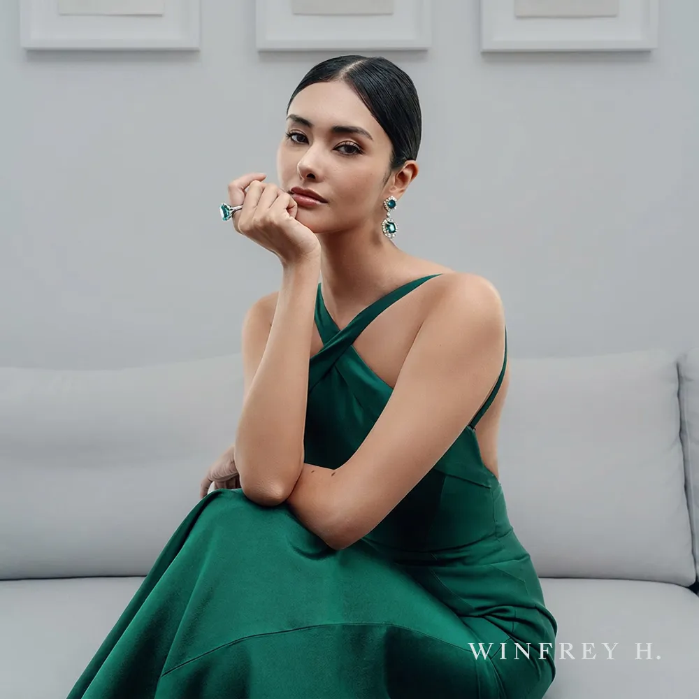 Model wearing Winfrey H. diamond jewelry, campaign photography